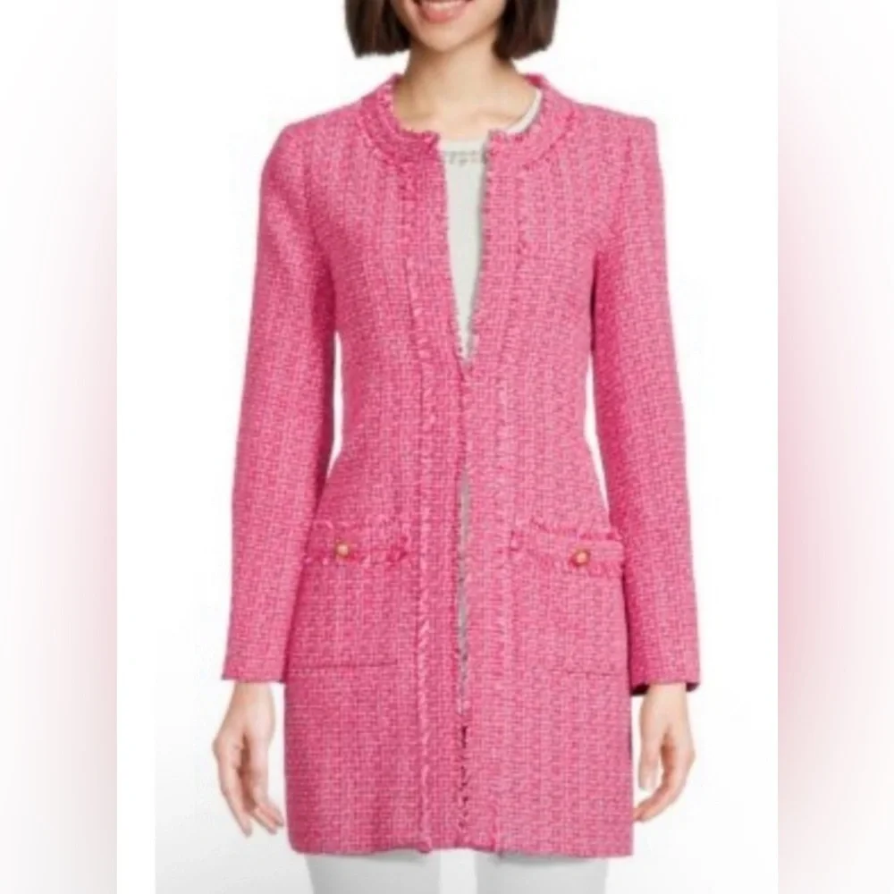 Tweed Bouclé Pink White Jacket Blazer Pearl Buttons Nanette Lepore 🌸💗 - Picture 3 of 10